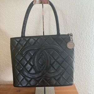 Authentic Vintage CHANEL Caviar Black Medallion Tote with silver hardware